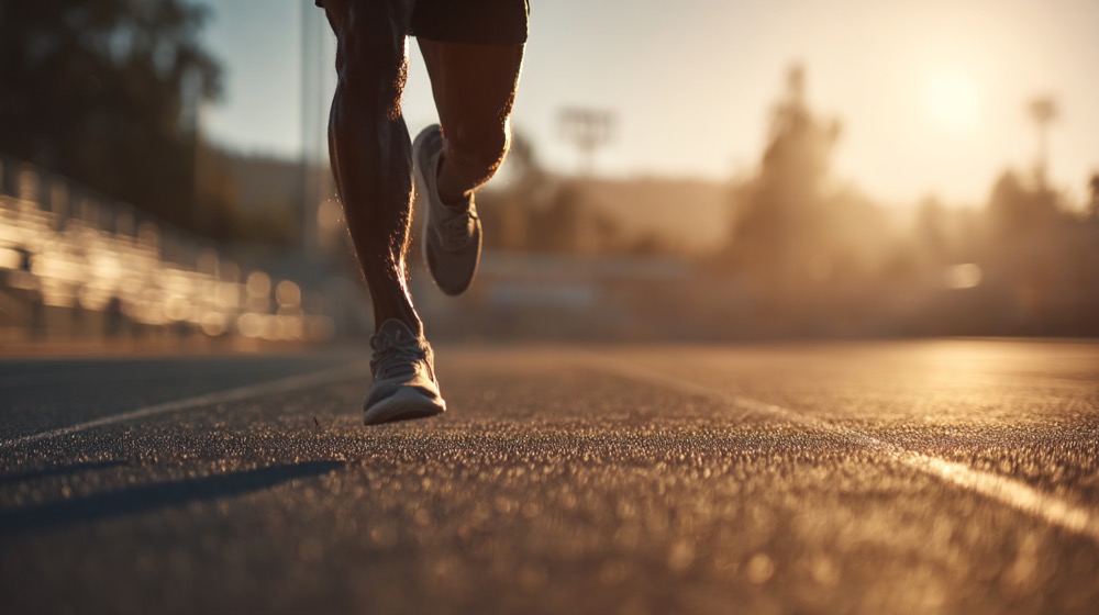 Athlete running on track at golden hour sunrise