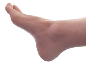 Bare human foot and ankle against white background