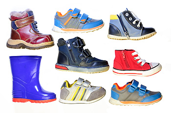 Collection of colorful children's shoes and boots