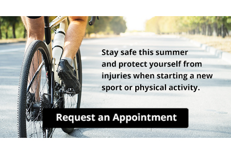 Cyclist riding road bike with summer sports safety message