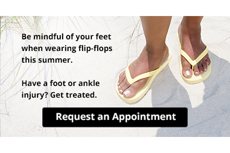 Feet wearing flip-flops on beach, foot care appointment ad