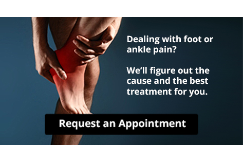 Person holding ankle in pain with appointment request button