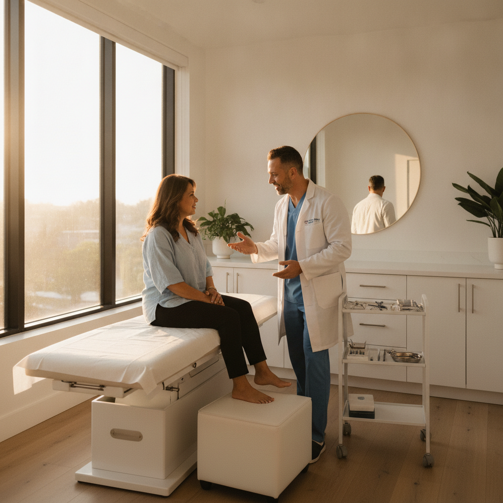 Dr. Quach consulting with a patient in an exam room at Foot Center of the RGV