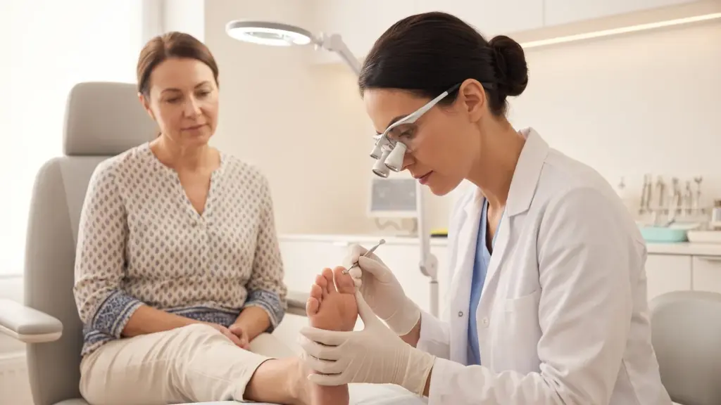 Podiatrist using a lighted magnifier to closely examine a patient's toenails during a McAllen office visit