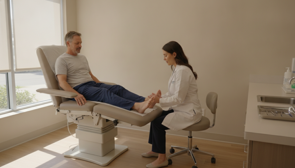 Podiatrist checking a patient's foot for diabetic complications