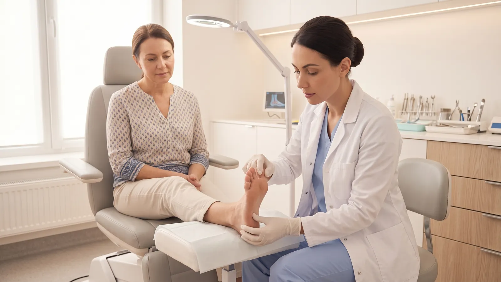 Podiatrist examining a patient's foot for plantar wart treatment at Foot Center of the RGV in McAllen
